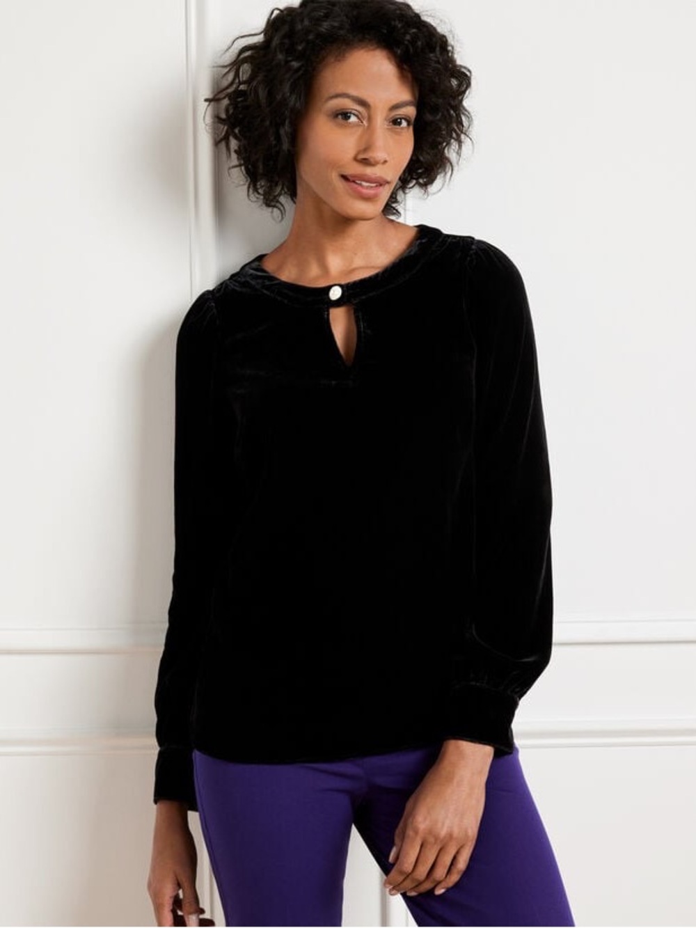 Talbots Black Velvet Long Sleeve Top with Decorative Button NWT